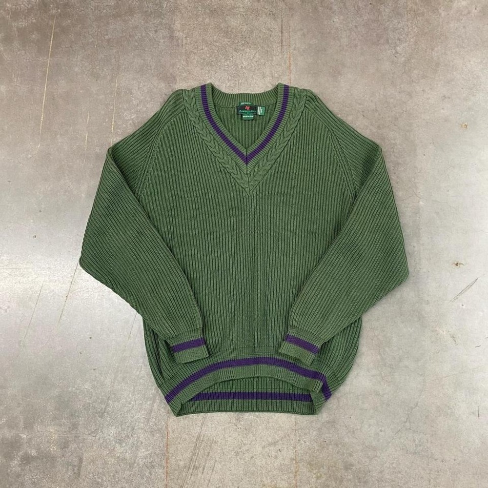 Vintage Abercrombie Fitch Green Cable Knit V Neck Sweater Oversized Womens Sz M